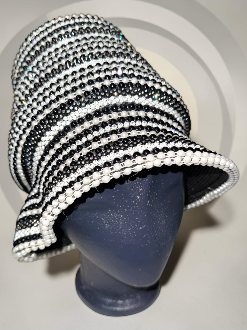 Handcrafted Couture Crystals and Pearls Structured Bucket Hat.